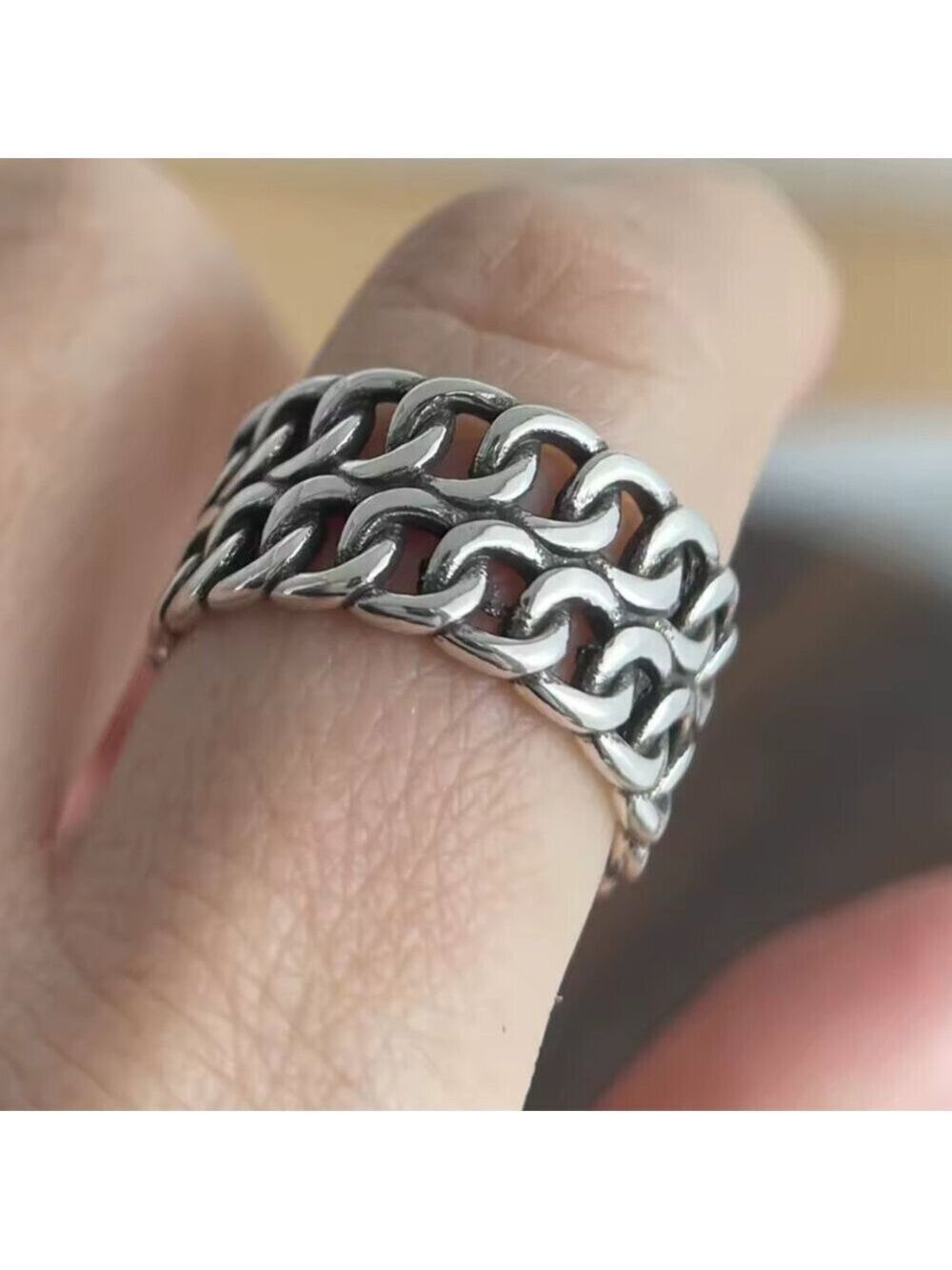 925 Silver Double Curb Link Adjustable Ring #1547 - Picture 4 of 5